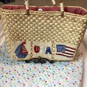 USA straw purse woven patriotic red white blue ratan lined stars sailboat flag